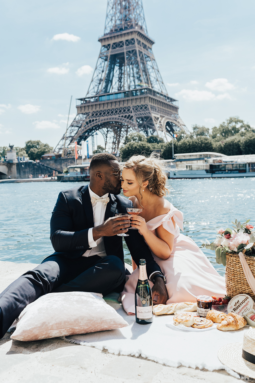 French engagement, picnic on the river, hair and makeup by Storme