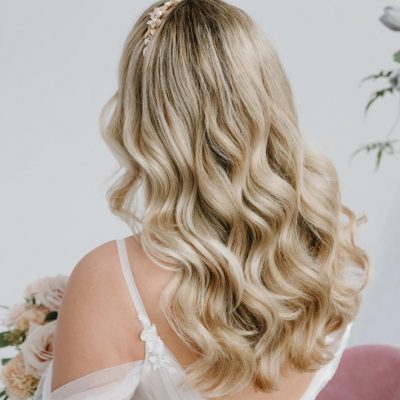 Modern bridal hair wedding hair soft romantic waves surrey wedding hairstylist