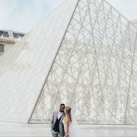 The Louvre Pyramid, bride and groom, hair and makeup by Storme